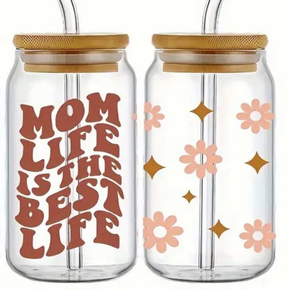 Mom life glass cup with bamboo lid and glass straw